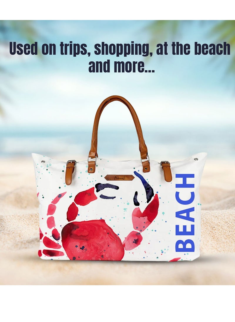 Anemoss - Women's Beach Bag, Waterproof Sandproof Hand Bags, Lighweight Fashionable Shoulder Bag, Large Capacity, Crab Design Beach Bag for Picnic Shopping, Gifts for Women and Girls - Image 1