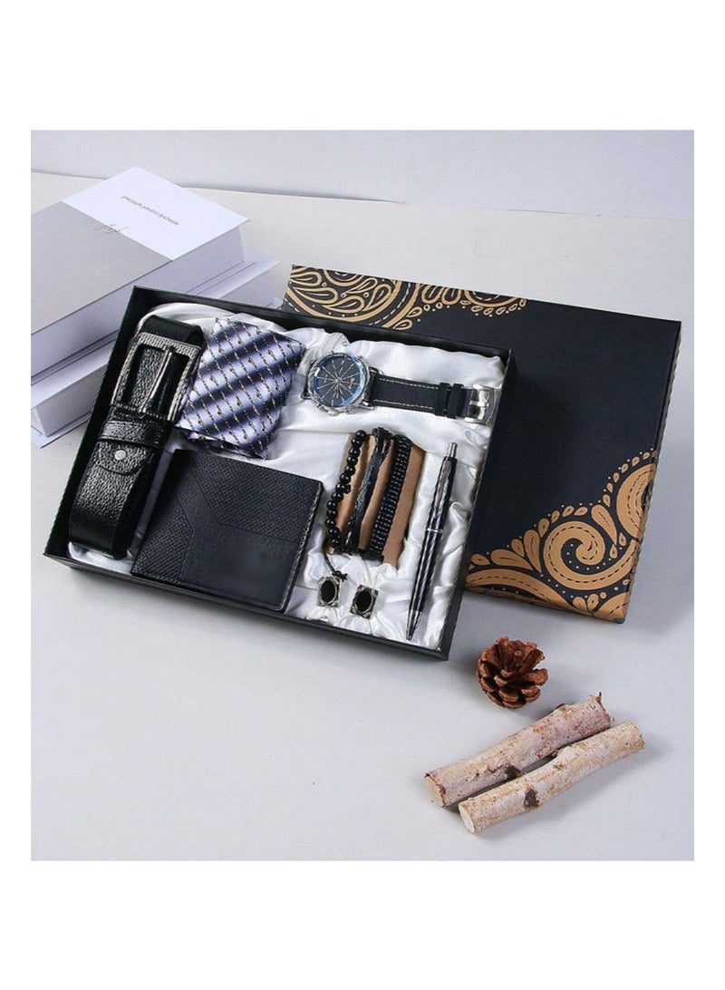 Apustim 10 Piece Gift Set，Including a Stylish Watch，Business Wallet，High Quality Belt，3 Exquisite Bracelets，Signature Pen，Tie，Tie Clip，Cufflinks，And An Exquisite Gift Box，Perfect Gift For Dad And Boyfriend，Father's Day，Party Gift，Birthday Gift，And Men's Business Gift Box（Black） - Image 2