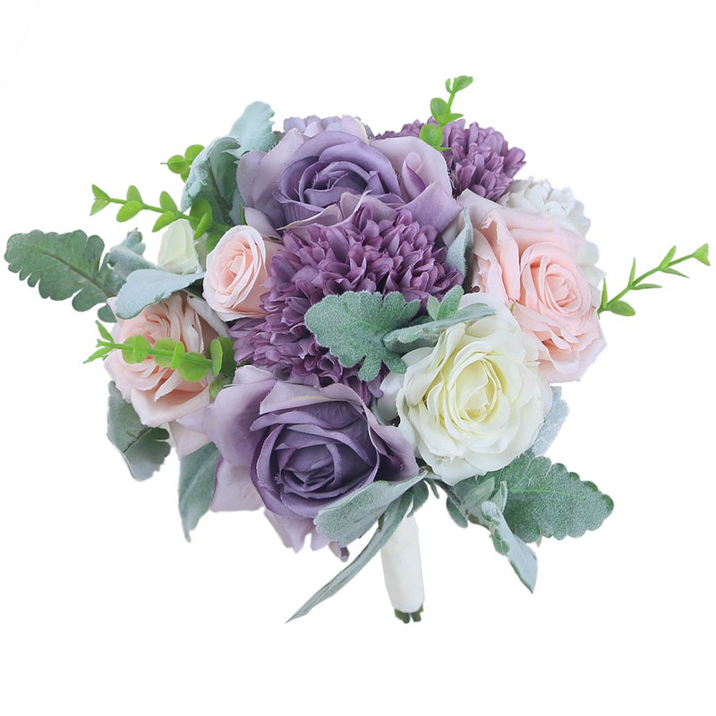 Rinlong 9 Wedding Bouquet for Bride Bridal Bridesmaid Artificial Flowers Pastel Purple Silk Tossing Wedding Prom Bouqeut
