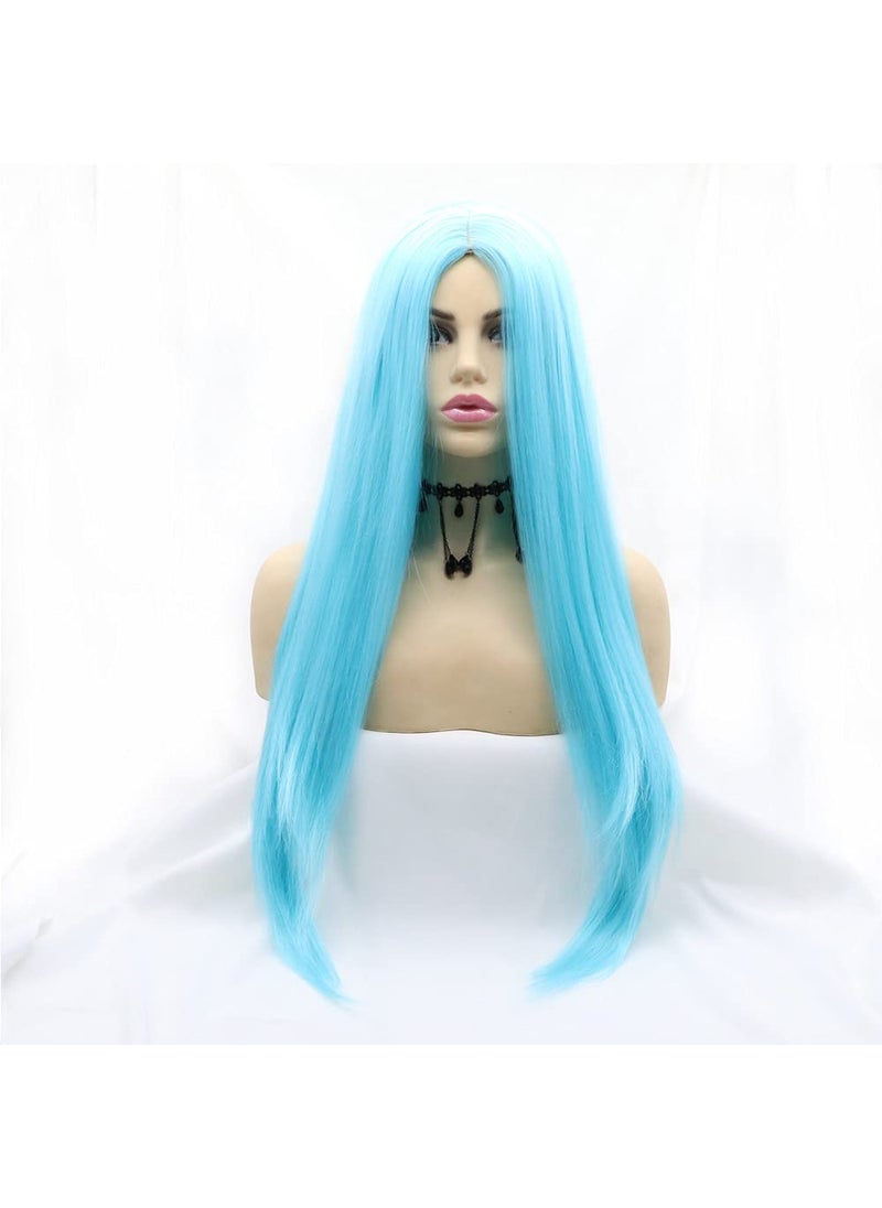 Xiweiya Xiweiya Wigs Long Straight Aqua Blue Synthetic Machine Made Wig Silky Full Heat Resistant Fiber Hair Middle Part Wig Free Wig Cap for Women 24 Inch for Family Makeup Party Cosplay 