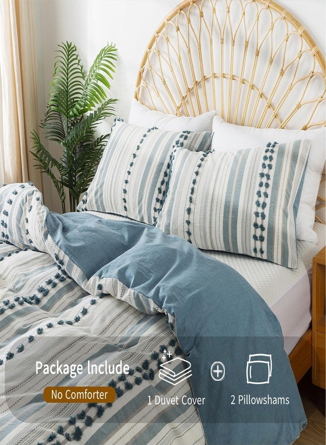 La Sheer Washed Cotton Cal King Size Duvet Cover Set - Tufted Dots Boho Chic Bedding for All Seasons, Striped Bohemain Bedding Linen Like Textured Breathable Durable Soft Comfy (Blue, 104''x98'') - Image 4