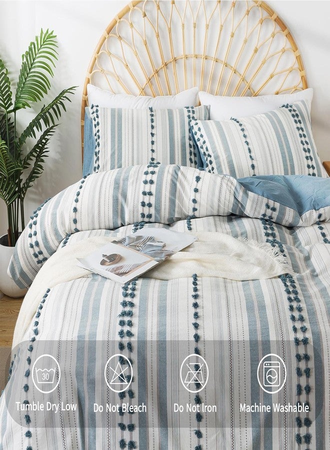 La Sheer Washed Cotton Cal King Size Duvet Cover Set - Tufted Dots Boho Chic Bedding for All Seasons, Striped Bohemain Bedding Linen Like Textured Breathable Durable Soft Comfy (Blue, 104''x98'') - Image 3