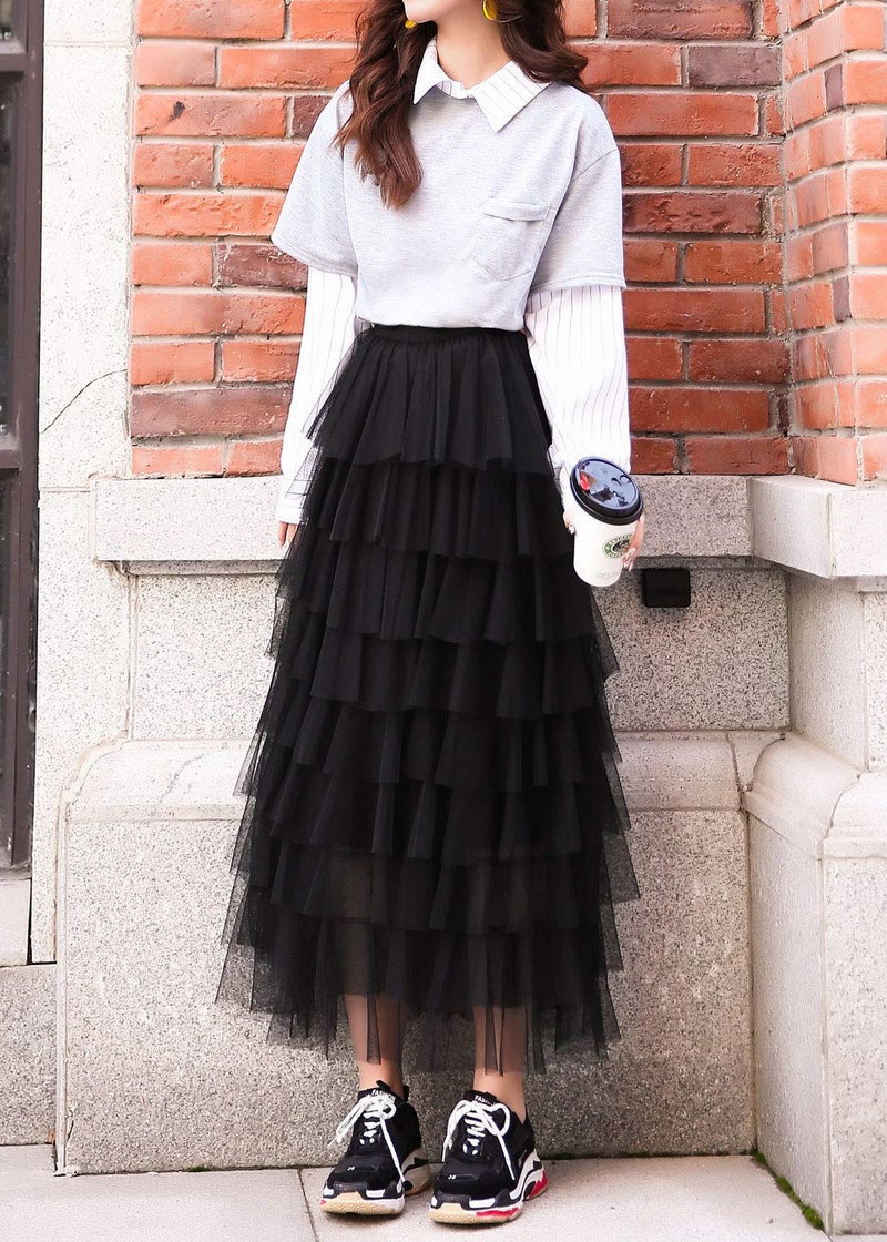 ebossy Women's Sweet Elastic Waist Tulle Layered Ruffles Mesh Long Tiered Skirt (Small, Black) - Image 2