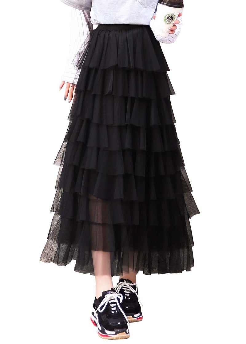 ebossy Women's Sweet Elastic Waist Tulle Layered Ruffles Mesh Long Tiered Skirt (Small, Black) - Image 1