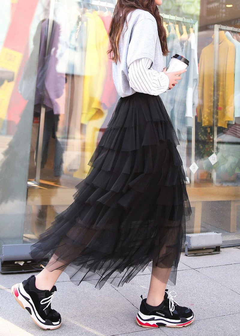 ebossy Women's Sweet Elastic Waist Tulle Layered Ruffles Mesh Long Tiered Skirt (Small, Black) - Image 4