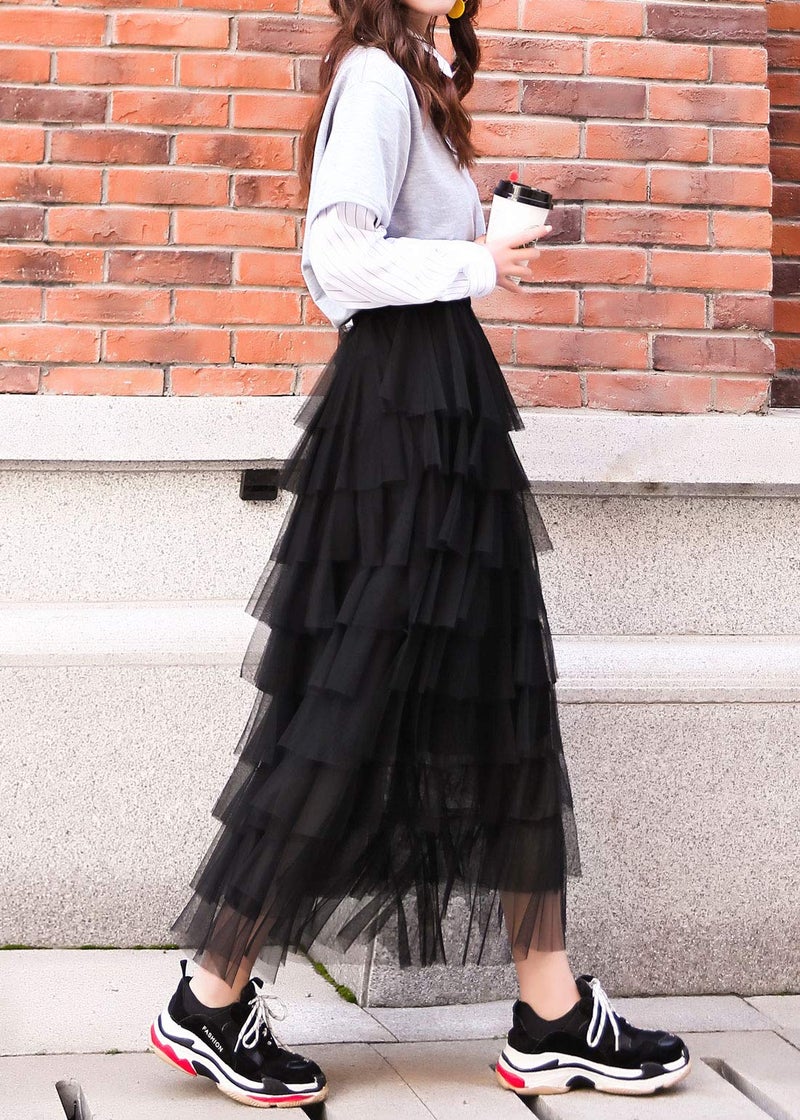 ebossy Women's Sweet Elastic Waist Tulle Layered Ruffles Mesh Long Tiered Skirt (Small, Black) - Image 3