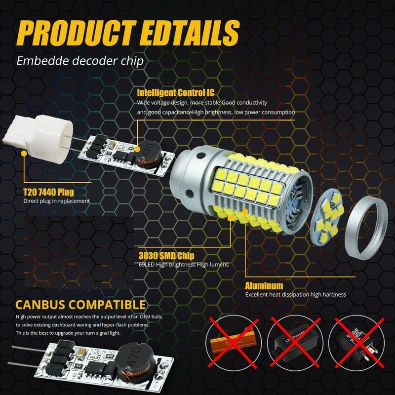 N.C YEORO T20 7440 W21W LED Bulb No Hyper Flash Turn Signal Lights 23Watts Super Bright 3030 69-SMD LED Bulb with CANBUS Error Free For Reverse Brake Lights, Xenon White, 2-Pack. - Image 3