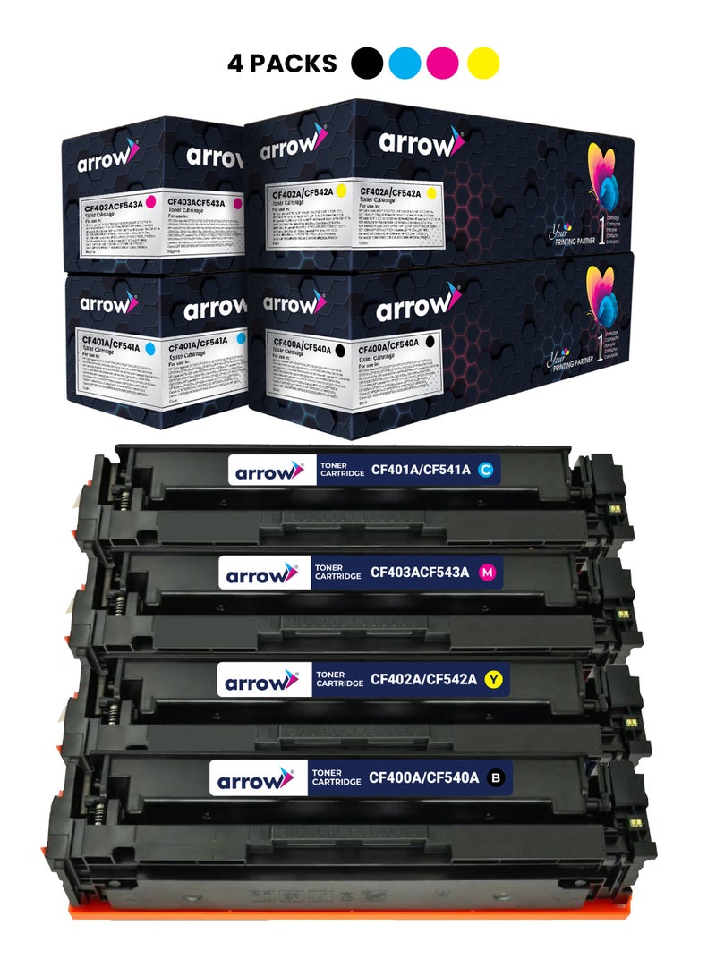 خرطوشة حبر السهم 201A CF400A FULL SET OF 4 PACK BLACK,CYAN,YELLOW,MAGENTA Replacement For HP Colour LaserJet Pro M254dw/254nw HP Colour LaserJet Pro MFP M280nw HP Colour LaserJet Pro MFP M281fdw/281fdn Canon i-SENSYS LBP621Cw/LBP623Cw/MF641Cw/MF643Cdw/ MF645Cx CANON Colour image CLASS MF642Cdw/MF641Cw/MF644Cdw/ LBP622Cdw HP Colour LaserJet Pro M252dn/252n HP Colour LaserJet Pro MFP M277dw/277n HP Colour LaserJet Pro MFP M274n Canon Colour image CLASS MF634Cdw /LBP612Cdw/MF632Cdw Canon Colour i-SENSYS MF631Cn/633Cdw/635Cx/LBP611Cn/613Cdw Canon Satera MF634Cdw MF632Cdw/LBP612C/LBP611C - Image 1
