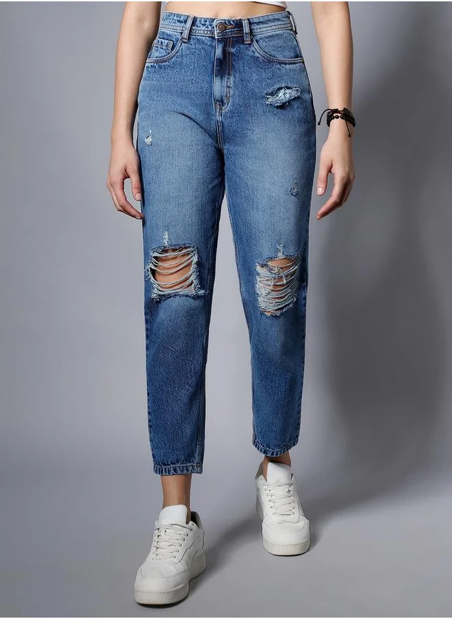HIGH STAR Women's Blue 100% Cotton Solid Pattern Full Length Mom Fit Jeans