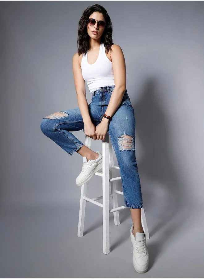 HIGH STAR Women's Blue 100% Cotton Solid Pattern Full Length Mom Fit Jeans