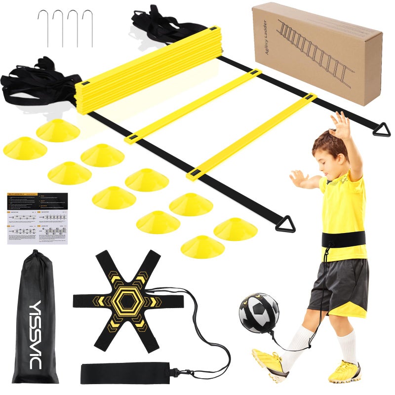 Yissvic Football Training Accessories Coordination Ladder Football Gifts Boys Training Set 6 m with Kick Trainer 10 Cones 4 Pegs (Yellow) - Image 1