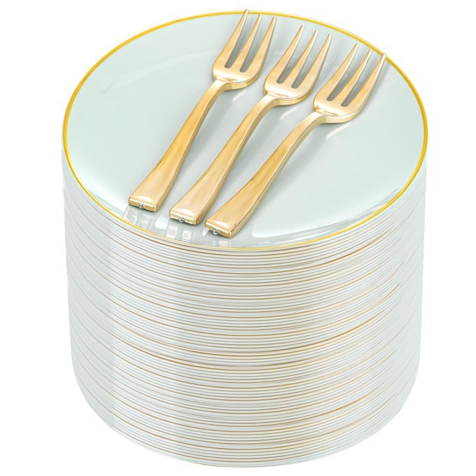200PCS PALE SAGE GREEN GOLD CAKE PLATES 63 WITH PLASTIC FORKS 5 DISPOSABLE SALAD PLATESGREEN DESSERT PLATESAPPETIZER PLASTIC PLATES INCLUDE 100PLATES 100FORKS FOR PARTYWEDDINGEASTER