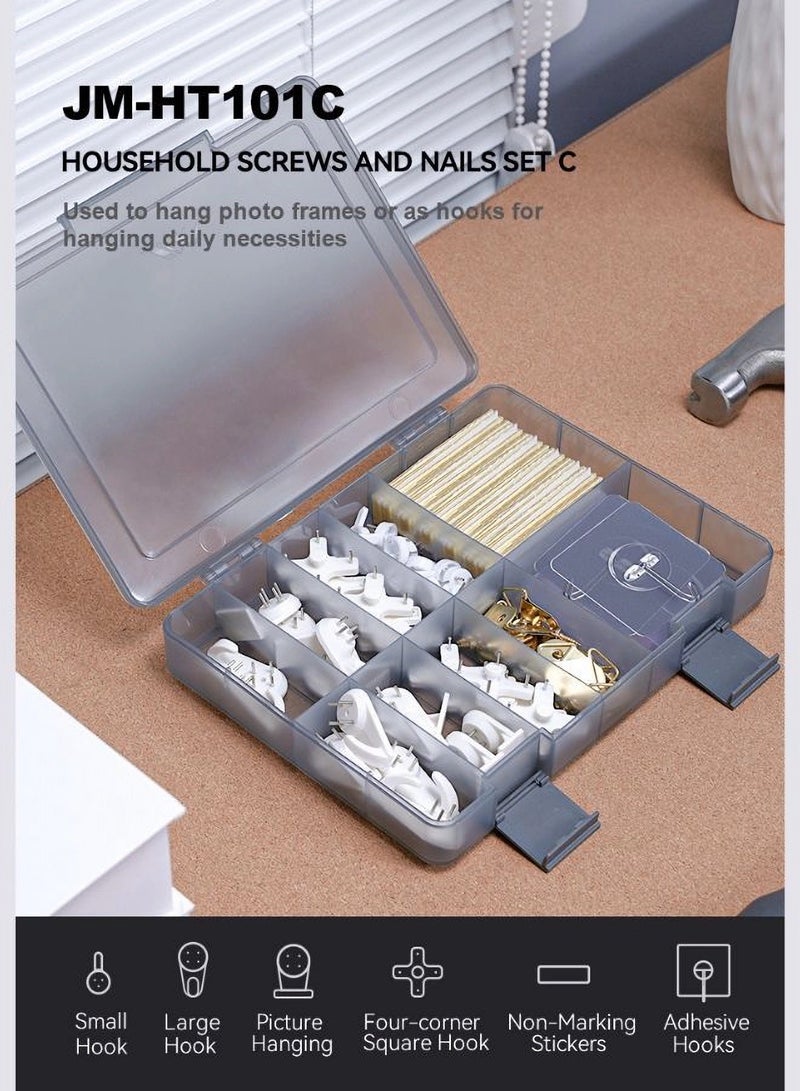 JIMIHOME 144-Piece Screws and Hooks Set with Organizer Box - Plastic Organizer for Home Projects and Repairs - Hide Hooks and Screws - Gray  - Image 3
