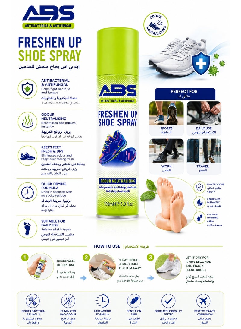 ABS Freshen Up Shoe Spray, Antibacterial & Antifungal, Odour Neutralising, Quick Drying, 150ml - Image 2