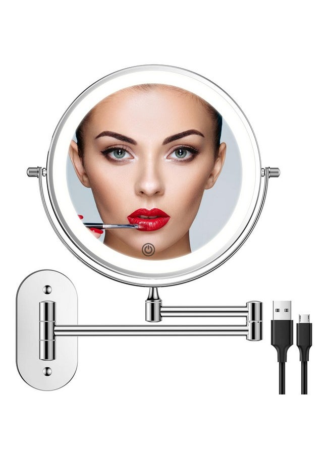 FUNTOUCH Rechargeable Wall Mounted Lighted Makeup Vanity Mirror 8 Inch Double Sided 1X 10X Magnifying Bathroom Mirror, 3 Color Lighting, Touch Screen Dimming, Extended Arm 360 Rotation Shaving Light up Mirror 