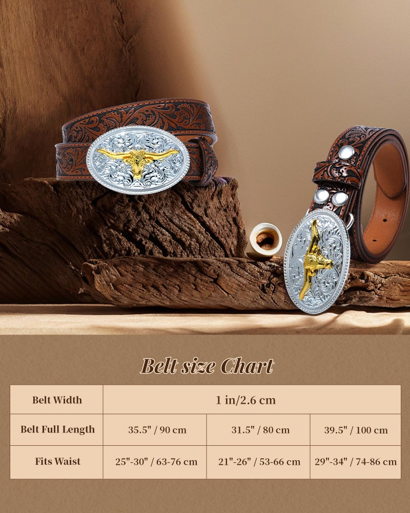 Kajeer Kids Western Belt for Boys Girls, Cowboy Leather Embossed Western Longhorn Bull Buckle Belts for Jeans (Cow Buckle- Dark Brown, for Wasit 29"-34") - Image 5