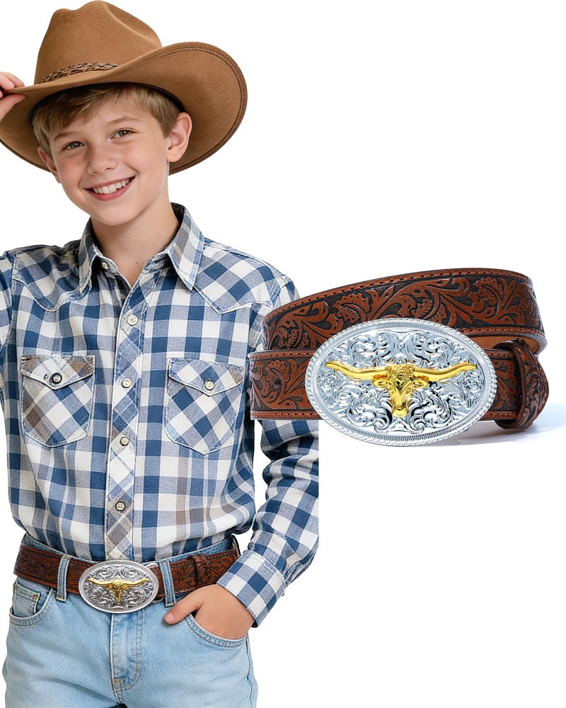 Kajeer Kids Western Belt for Boys Girls, Cowboy Leather Embossed Western Longhorn Bull Buckle Belts for Jeans (Cow Buckle- Dark Brown, for Wasit 29"-34") - Image 1