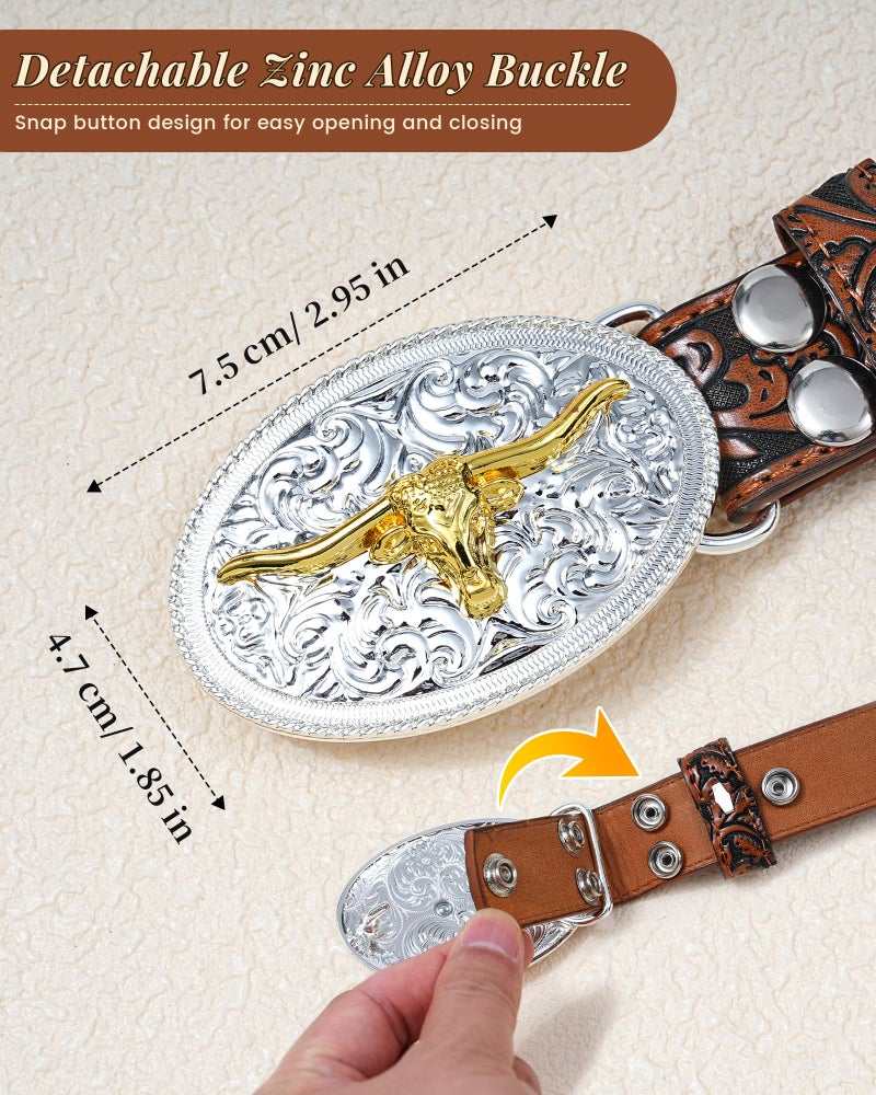 Kajeer Kids Western Belt for Boys Girls, Cowboy Leather Embossed Western Longhorn Bull Buckle Belts for Jeans (Cow Buckle- Dark Brown, for Wasit 29"-34") - Image 2