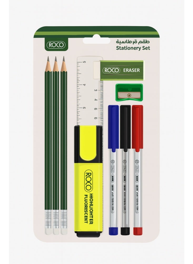 ROCO 10-Piece Stationery Set for School, Students & Office – Pens, Pencils, Highlighter, Ruler, Eraser & Sharpener (Exam & Study Kit) - Image 1