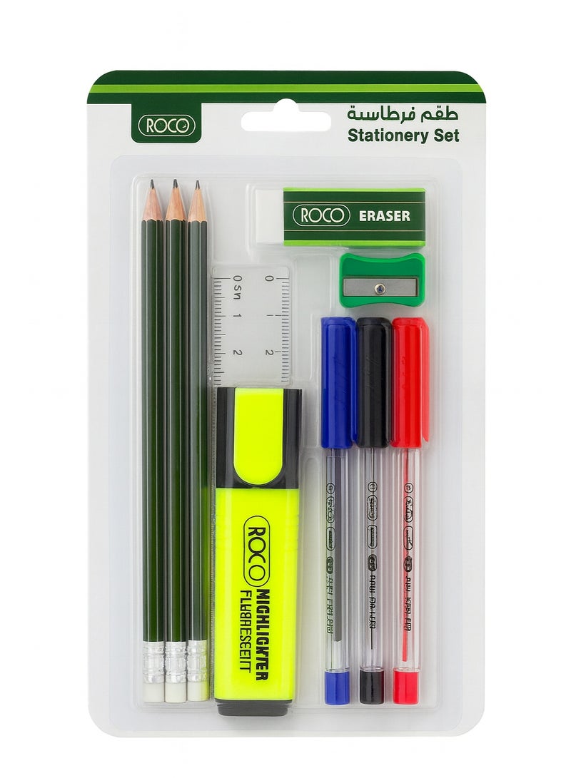 ROCO 10-Piece Stationery Set for School, Students & Office – Pens, Pencils, Highlighter, Ruler, Eraser & Sharpener (Exam & Study Kit) - Image 2