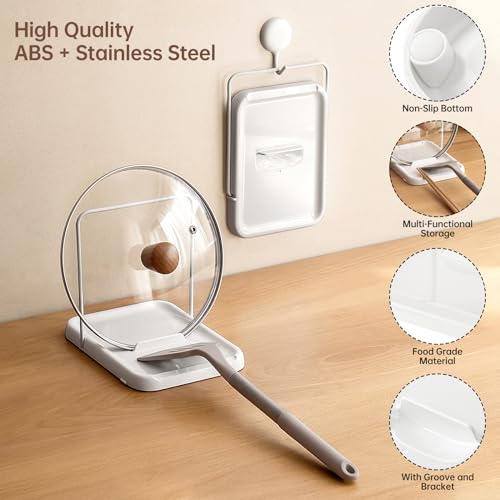 PAVSTINE Pot Lid Holder, Lid and Spoon Rest Holder for Kitchen Counter, Foldable Pan Lid Organizer Stand with Nonslip Pads, Multifunctional Utensils Pan Pot Cover Lid Rack Shelf For Stove Top, White - Image 3