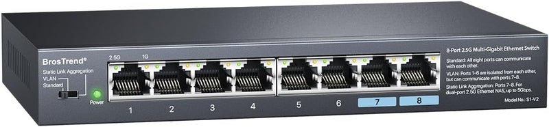 BrosTrend 8 Port 2.5Gb Switch, Unmanaged Network Switch Supports Static Link Aggregation & VLAN Ideal for Gaming NAS PC, Ethernet Splitter Plug & Play Fanless Desktop / Wall Mount, Lifetime Protection - Image 1