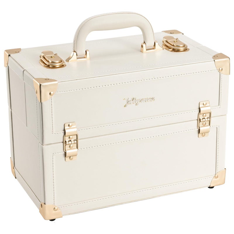 Joligrace Makeup Train Case Large Portable Cosmetic Makeup Storage Box Organizer Lockable with 4 Tray Compartments Retro Champagne Beige Vegan Leather - Image 1