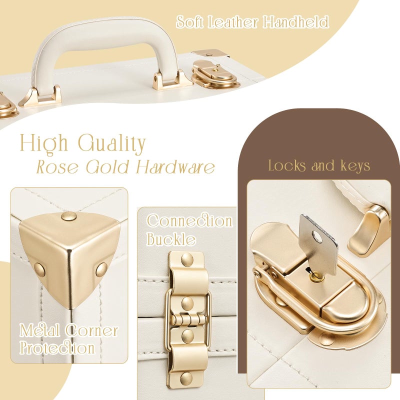 Joligrace Makeup Train Case Large Portable Cosmetic Makeup Storage Box Organizer Lockable with 4 Tray Compartments Retro Champagne Beige Vegan Leather - Image 4