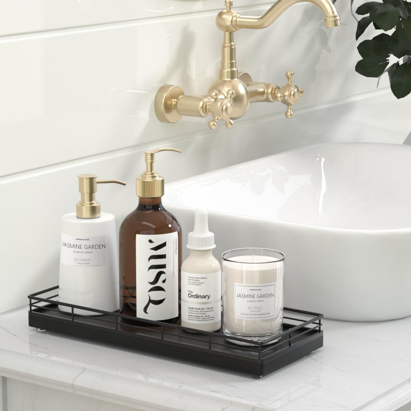 Focusonit Oak Bathroom Tray for Counter, 11" Wooden Vanity Tray for Perfume Makeup Candle, Kitchen Sink Countertop Organizer for Soap Dispenser Sponge Holder, Toilet Tank Coffee Table Bar Tray Black - Image 3