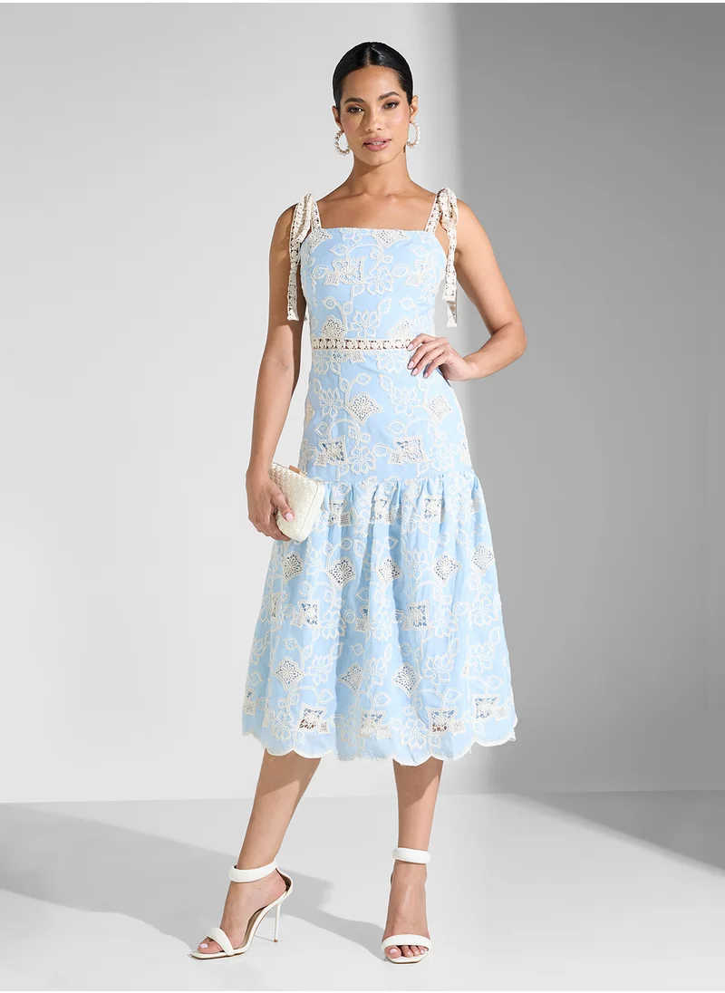 جاست مي Embroiderd Detail Shoulder Strap Ruffle Midi Dress