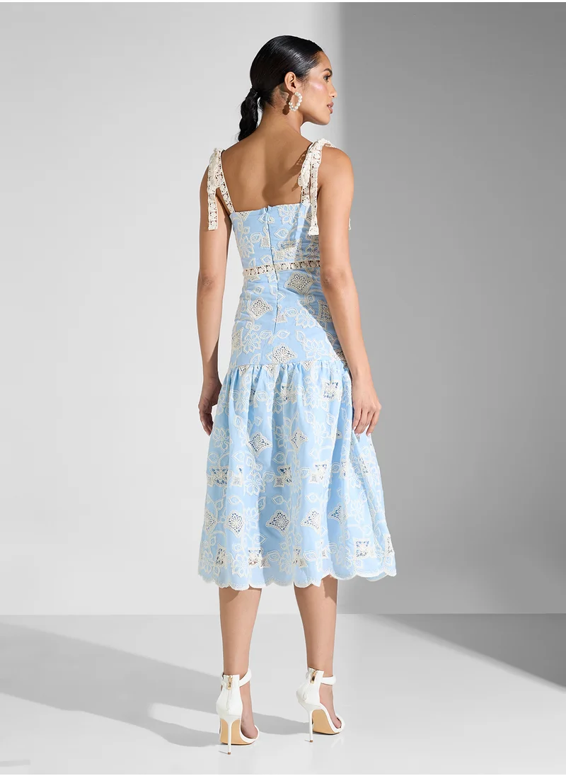 جاست مي Embroiderd Detail Shoulder Strap Ruffle Midi Dress