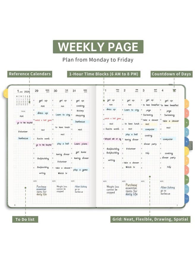 LOAPEM 2026 Planner, Weekly and Monthly, Jan 2026 - Dec 2026, Medium Size (5.7" x 8.3"), 2026 Calendar, Leather Hardcover, 12 Self-Adhesive Monthly Tabs, 100 GSM Thick Paper (Light Green) - Image 3