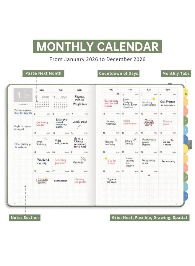 LOAPEM 2026 Planner, Weekly and Monthly, Jan 2026 - Dec 2026, Medium Size (5.7" x 8.3"), 2026 Calendar, Leather Hardcover, 12 Self-Adhesive Monthly Tabs, 100 GSM Thick Paper (Light Green) - Image 2
