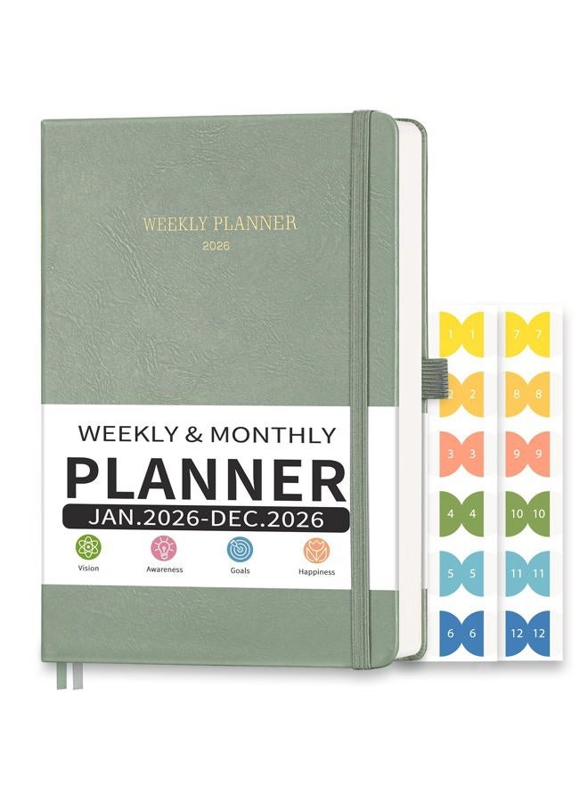 LOAPEM 2026 Planner, Weekly and Monthly, Jan 2026 - Dec 2026, Medium Size (5.7" x 8.3"), 2026 Calendar, Leather Hardcover, 12 Self-Adhesive Monthly Tabs, 100 GSM Thick Paper (Light Green) - Image 1
