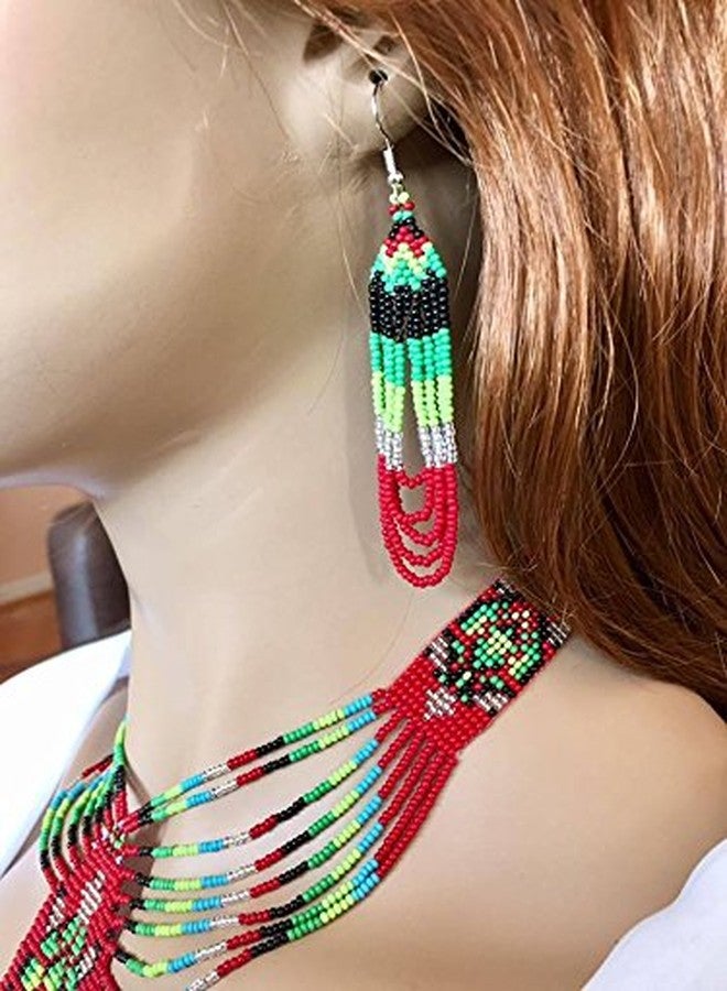 La Vivia Handmade Beaded Indian Necklace| Native American Style Seed Beaded Tribal Layered Necklace for Women| One of a kind fashion Jewelery| Red Green Turtle S54/8 - Image 4