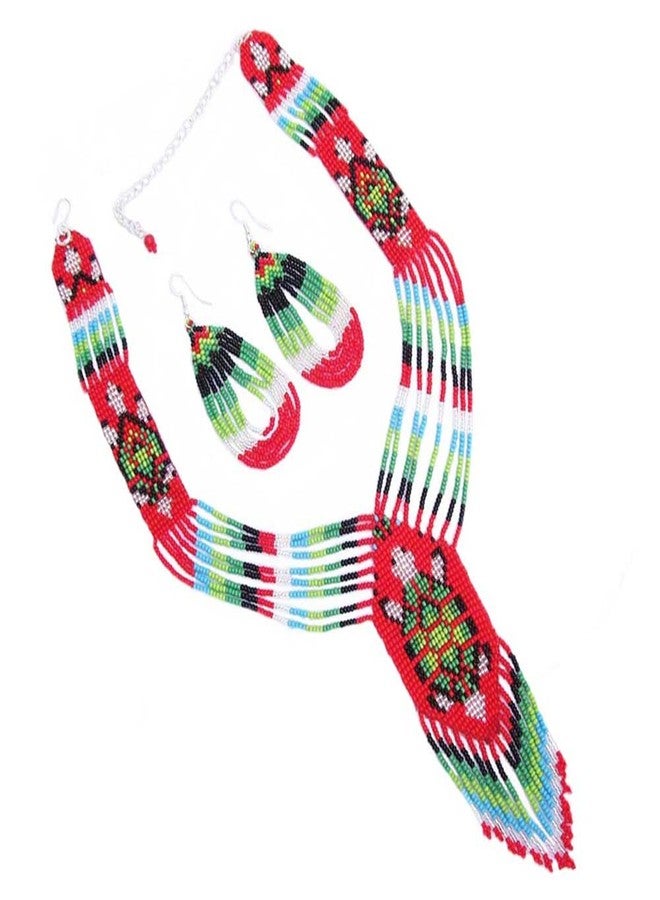 La Vivia Handmade Beaded Indian Necklace| Native American Style Seed Beaded Tribal Layered Necklace for Women| One of a kind fashion Jewelery| Red Green Turtle S54/8 - Image 1