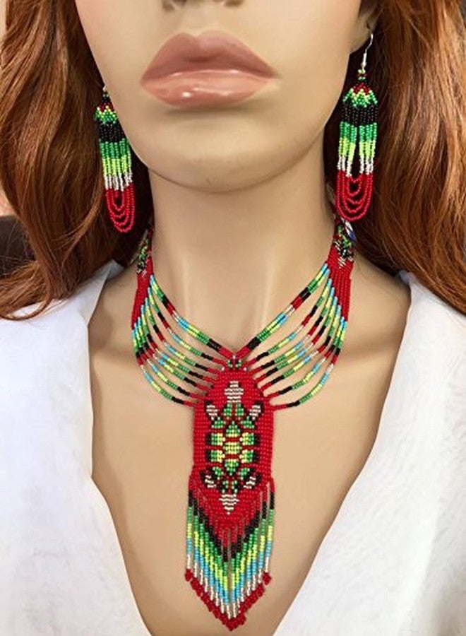 La Vivia Handmade Beaded Indian Necklace| Native American Style Seed Beaded Tribal Layered Necklace for Women| One of a kind fashion Jewelery| Red Green Turtle S54/8 - Image 3