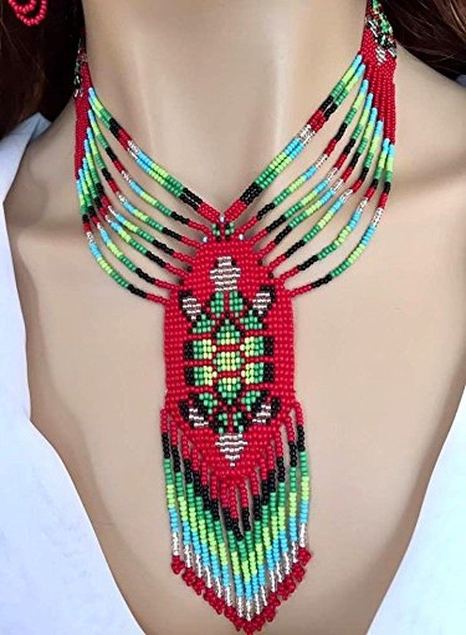 La Vivia Handmade Beaded Indian Necklace| Native American Style Seed Beaded Tribal Layered Necklace for Women| One of a kind fashion Jewelery| Red Green Turtle S54/8 - Image 2