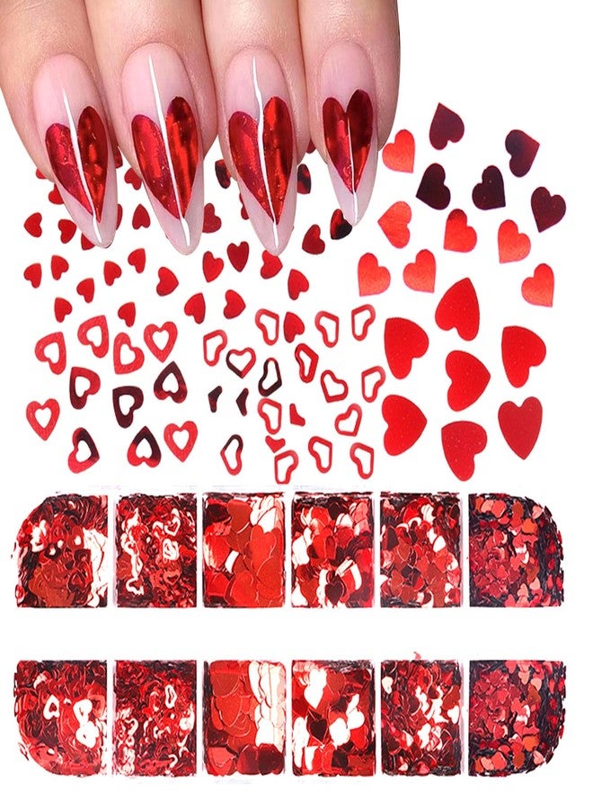 WAFOLOZE 12Grids Red Heart Nail Glitter Sequins 3D Heart Nail Art Stickers Decals Valentines Glitter for Nails Design Love Nail Flakes Valentines Day Nail Art Glitters Sparkle Acrylic Nail Decorations - Image 3