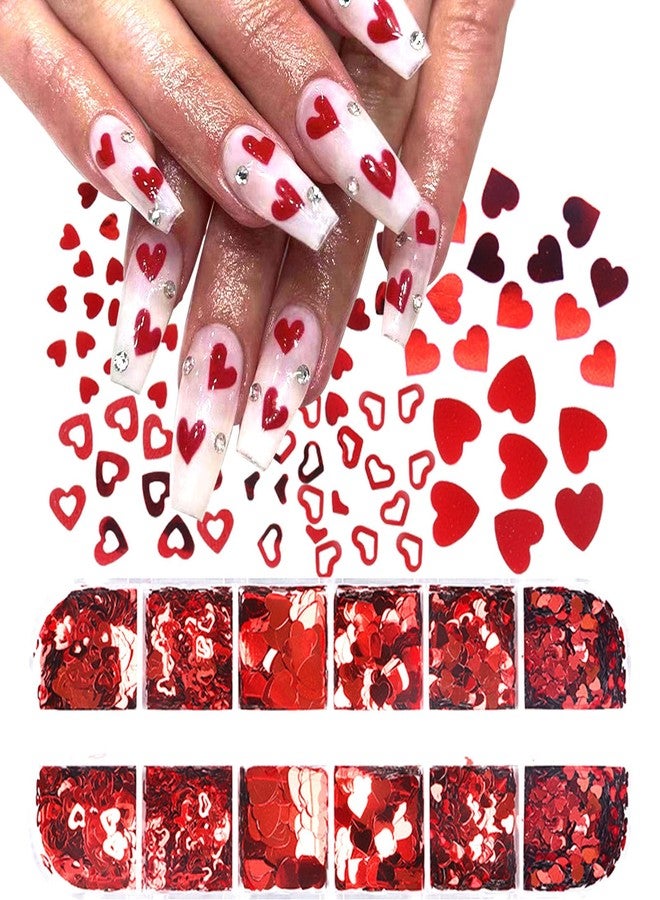 WAFOLOZE 12Grids Red Heart Nail Glitter Sequins 3D Heart Nail Art Stickers Decals Valentines Glitter for Nails Design Love Nail Flakes Valentines Day Nail Art Glitters Sparkle Acrylic Nail Decorations - Image 2