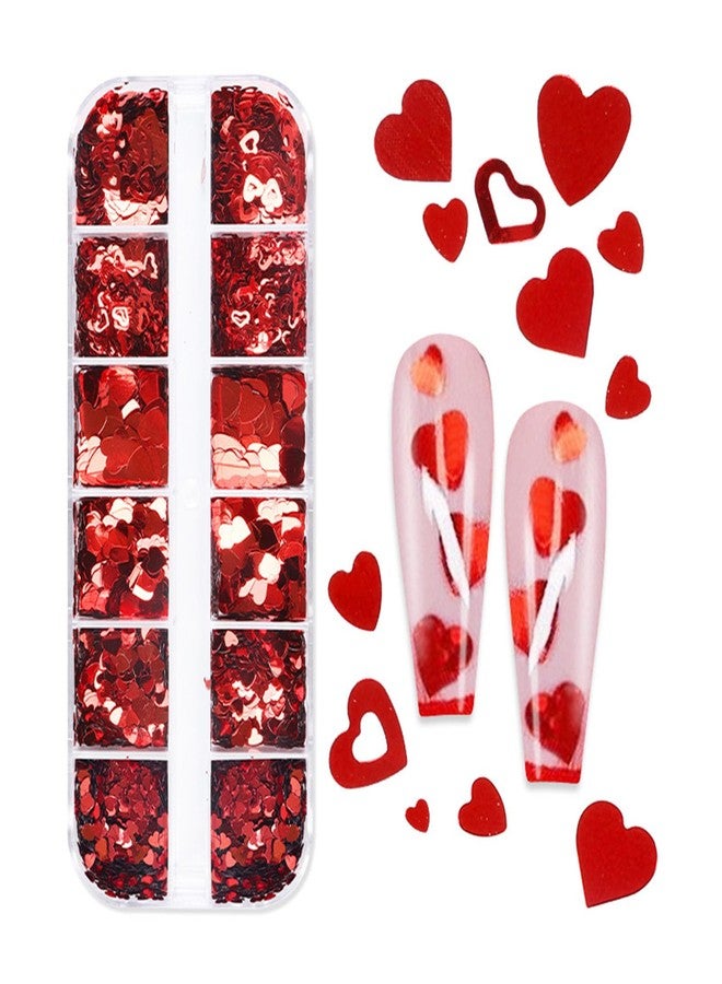 WAFOLOZE 12Grids Red Heart Nail Glitter Sequins 3D Heart Nail Art Stickers Decals Valentines Glitter for Nails Design Love Nail Flakes Valentines Day Nail Art Glitters Sparkle Acrylic Nail Decorations - Image 1