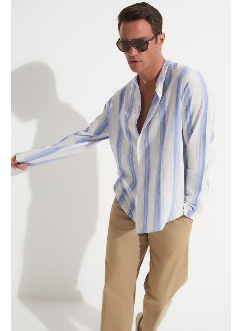 JUNE Exclusive Regular Fit Linen Blended Mandarin Collar Striped Shirt - Image 3