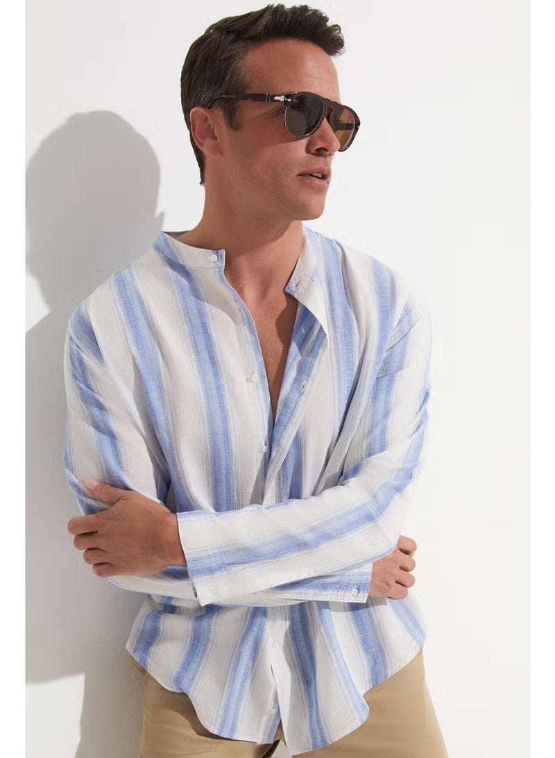 JUNE Exclusive Regular Fit Linen Blended Mandarin Collar Striped Shirt - Image 1