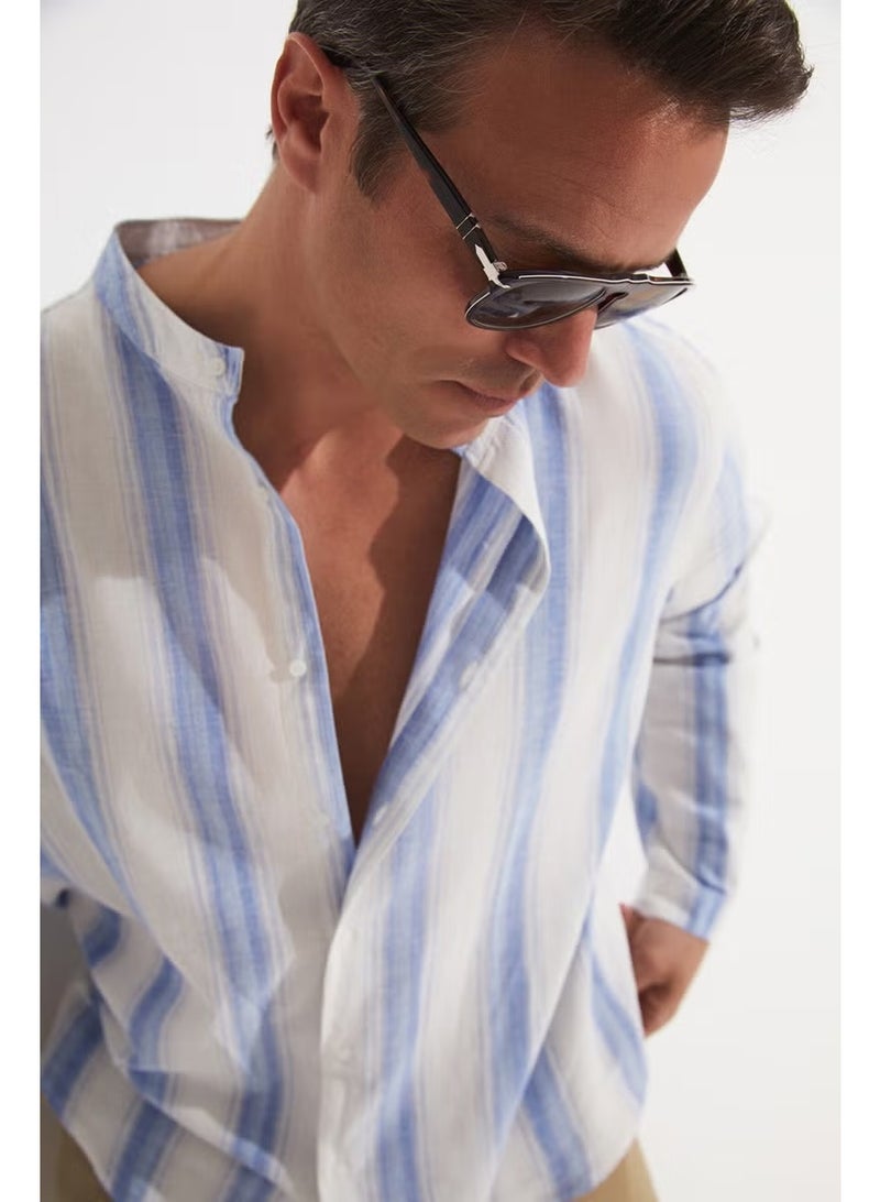 JUNE Exclusive Regular Fit Linen Blended Mandarin Collar Striped Shirt - Image 2