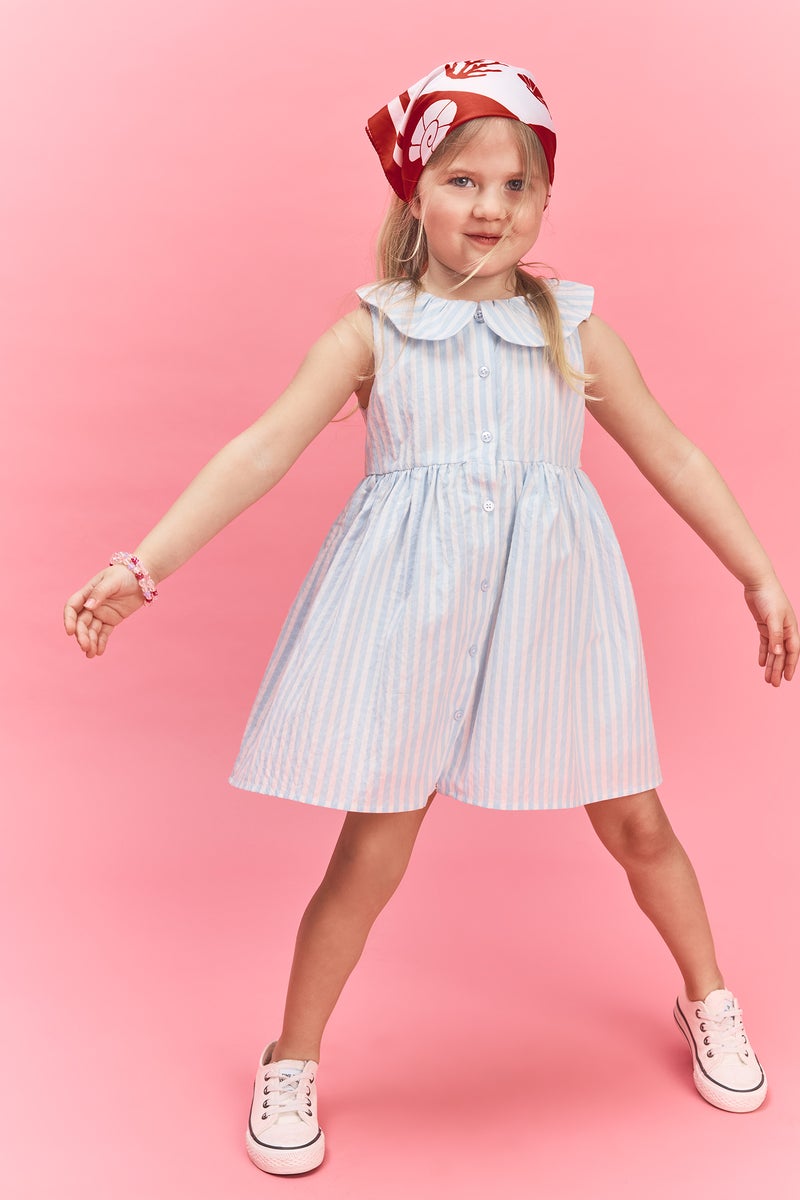 DeFacto Blue BabyGirl Baby Girl Striped Strappy Waffle Textured Dress Casual - Image 1
