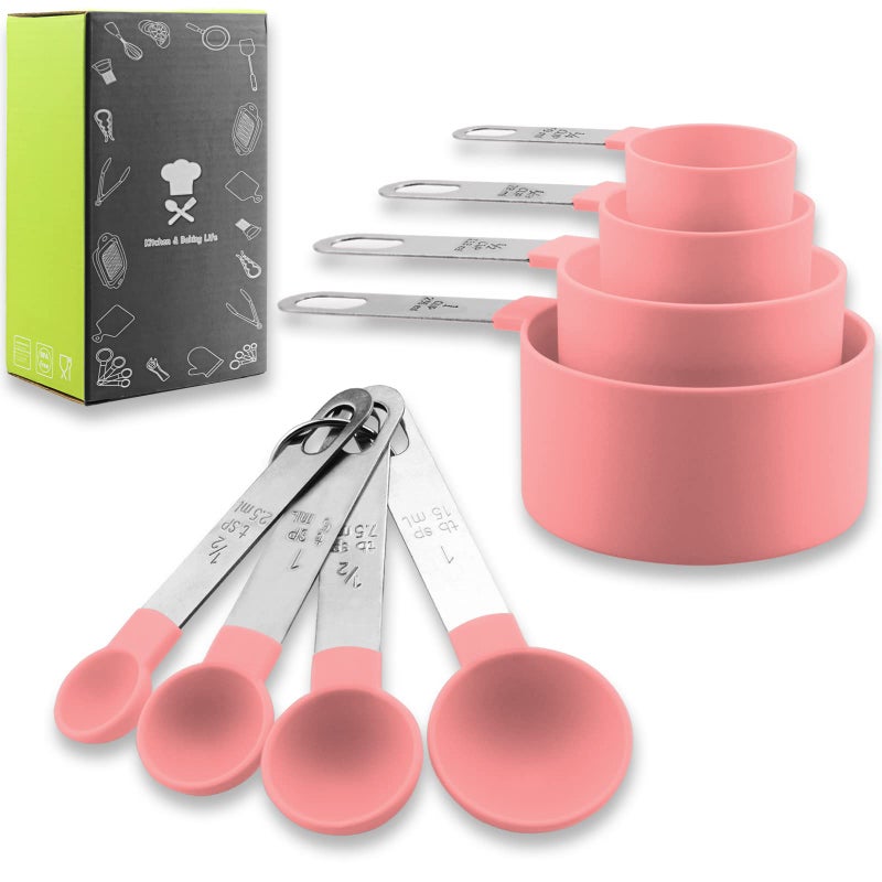Measuring Cups and Spoons Set, 8 Pieces Measuring Cups and Measuring Spoons with Stackable Stainless Steel Handle Measure Dry or Liquid Ingredients Measuring Set for Kitchen Cooking and Baking (Pink) - Image 1