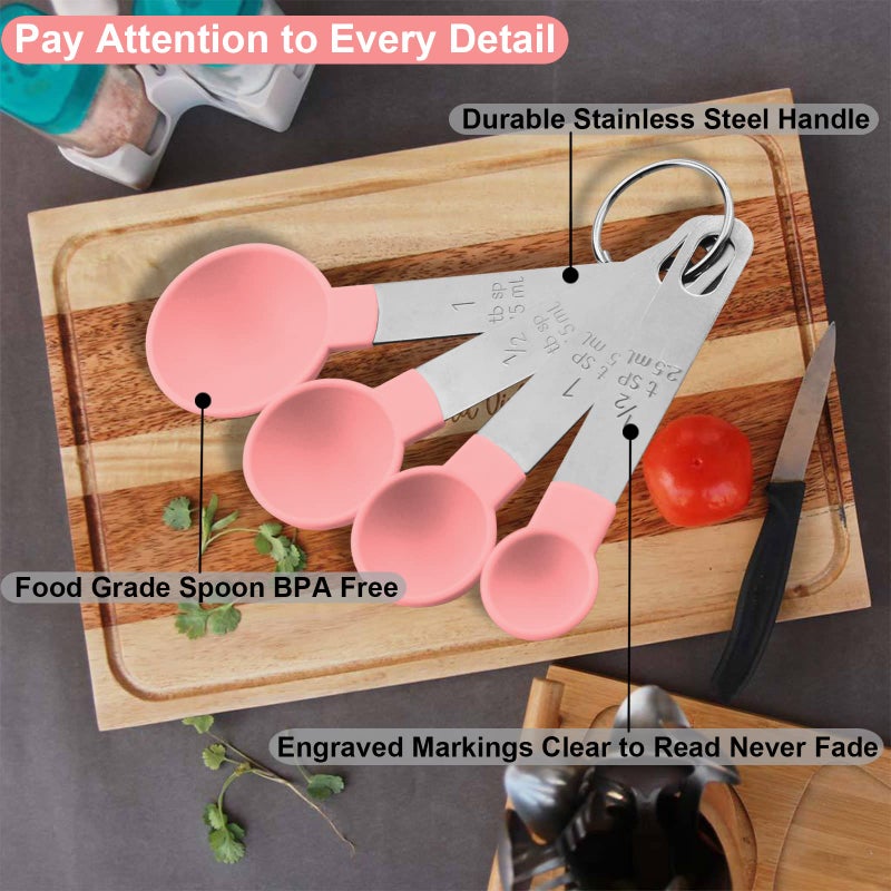 Measuring Cups and Spoons Set, 8 Pieces Measuring Cups and Measuring Spoons with Stackable Stainless Steel Handle Measure Dry or Liquid Ingredients Measuring Set for Kitchen Cooking and Baking (Pink) - Image 2