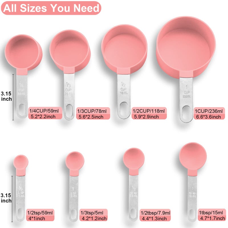 Measuring Cups and Spoons Set, 8 Pieces Measuring Cups and Measuring Spoons with Stackable Stainless Steel Handle Measure Dry or Liquid Ingredients Measuring Set for Kitchen Cooking and Baking (Pink) - Image 3
