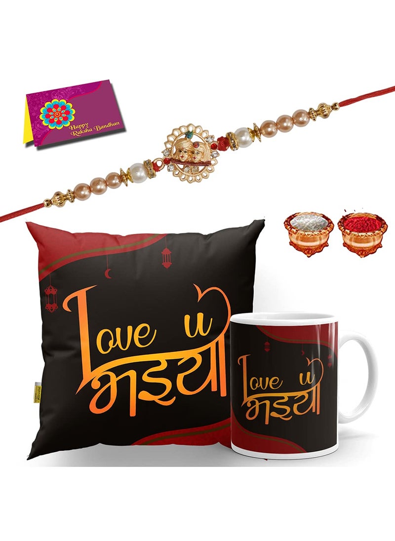 TONKWALAS TONKWALAS Printed 12x12 Cushion Cover with Filler Mug Rakhi Gift for Brother Combo Pack Rakhi Printed Cushion Cover Coffee Mug Roli Chawal Greeting CardTWCM31CF 