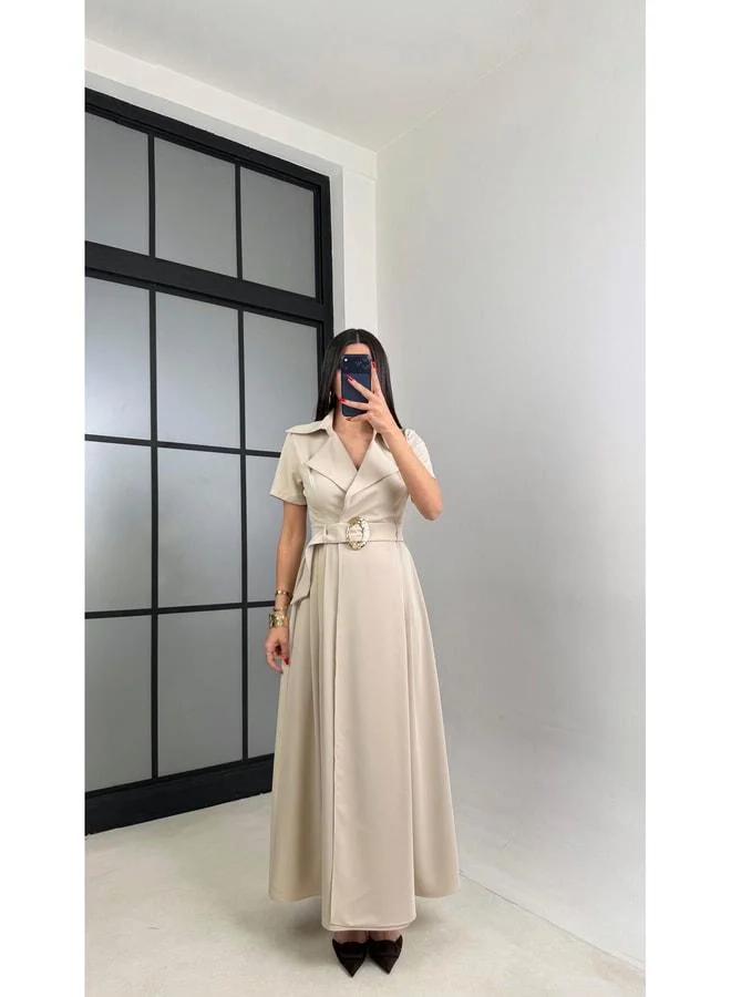 Gaus Stone Gold Buckle Crepe Fabric Long Dress GAUS-00974.